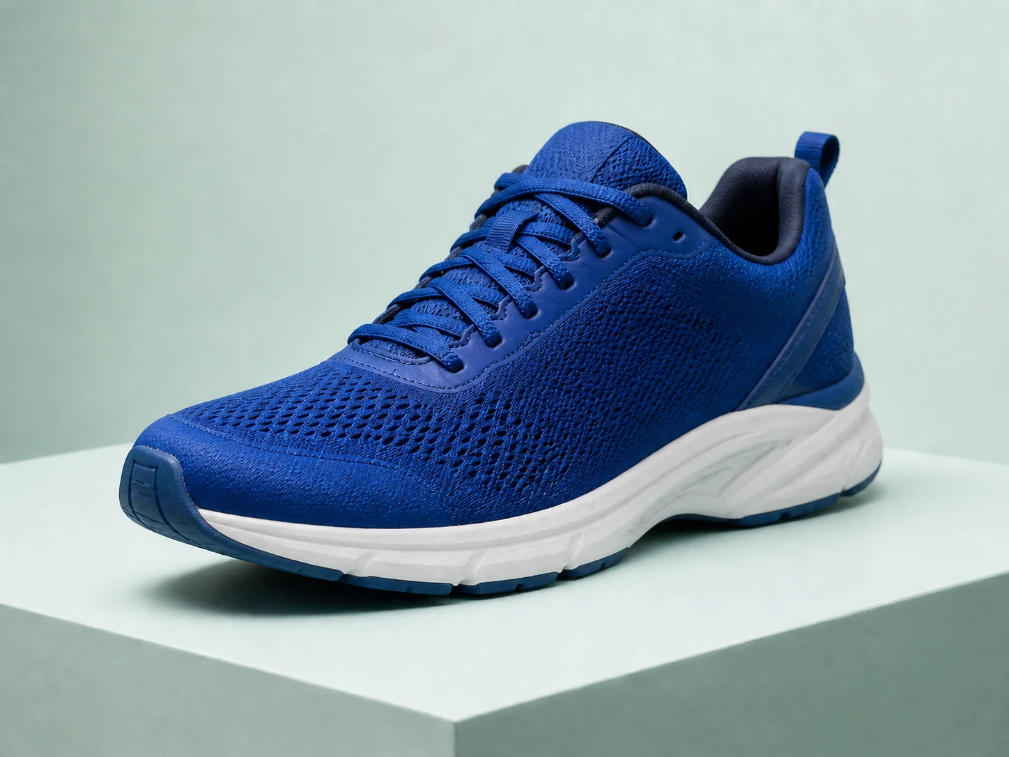 A blue running shoe on a pale green pedestal.