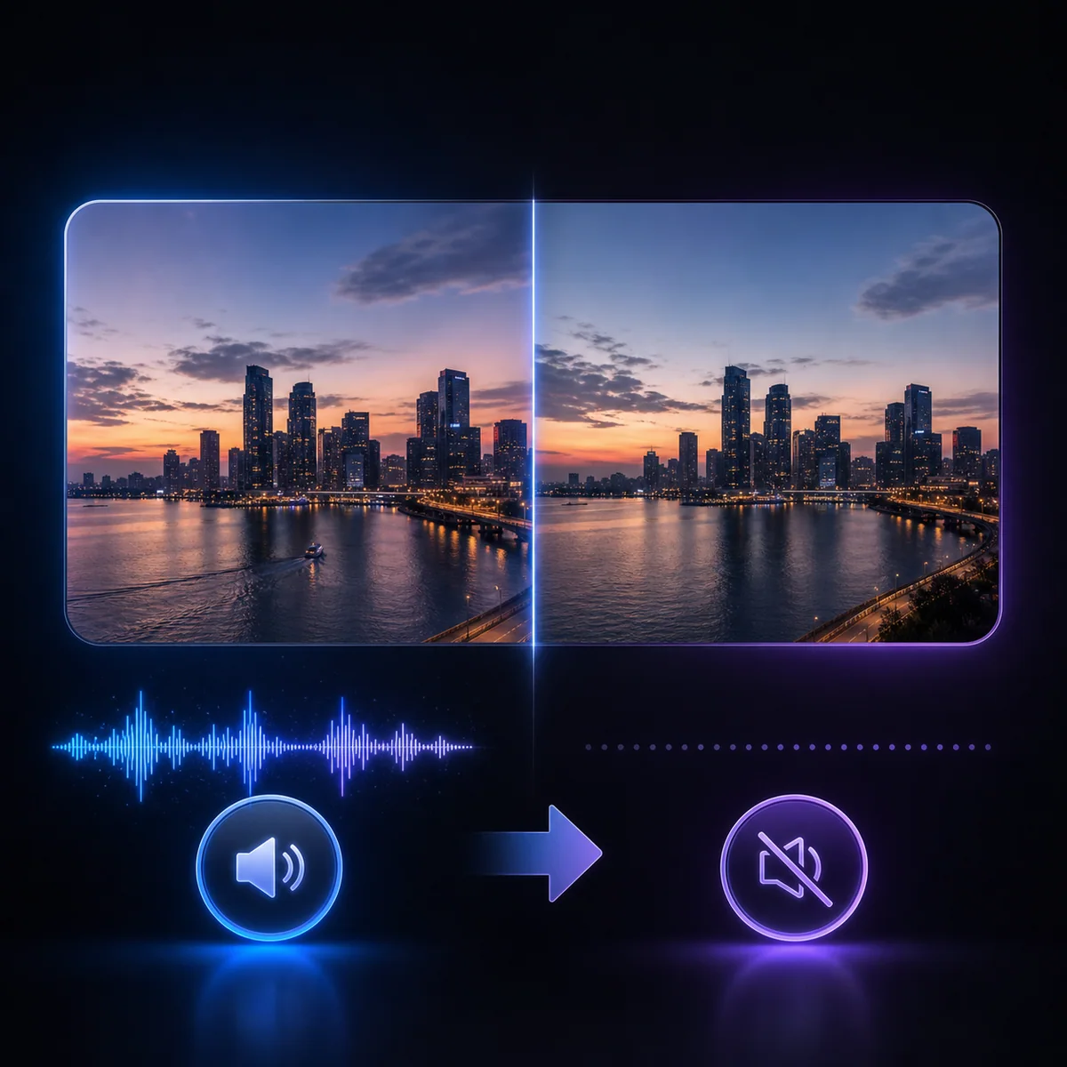 City sunset picture before and after sound removal: a sound wave on the left becomes a muted speaker icon on the right