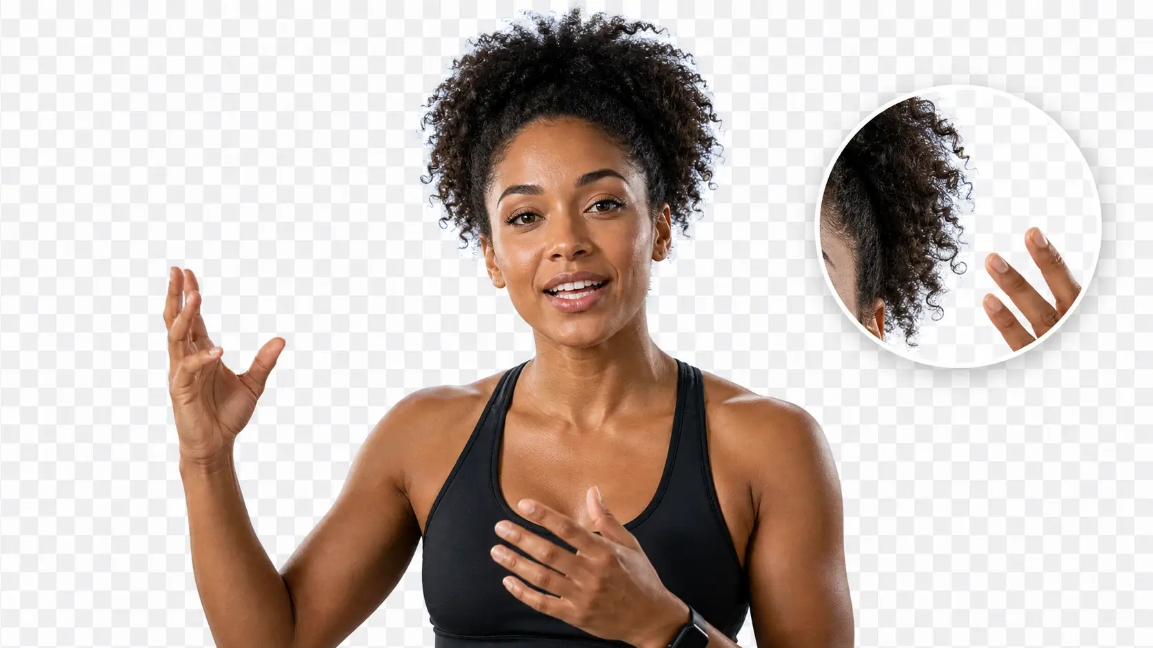 A woman cut out on a transparent background, with a close-up of the hair edge