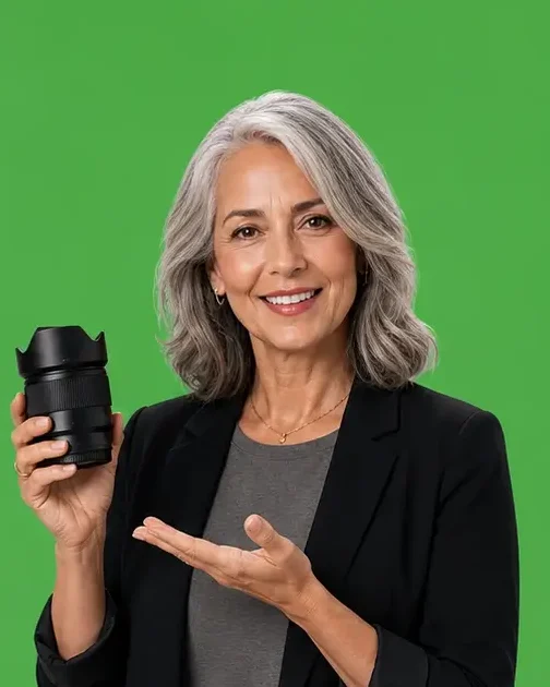 The same woman on a green background.