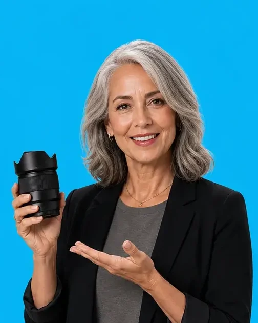The same woman on a plain blue background.