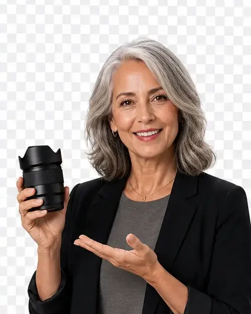 A woman holding a camera lens, cut out on a transparent checkerboard background.