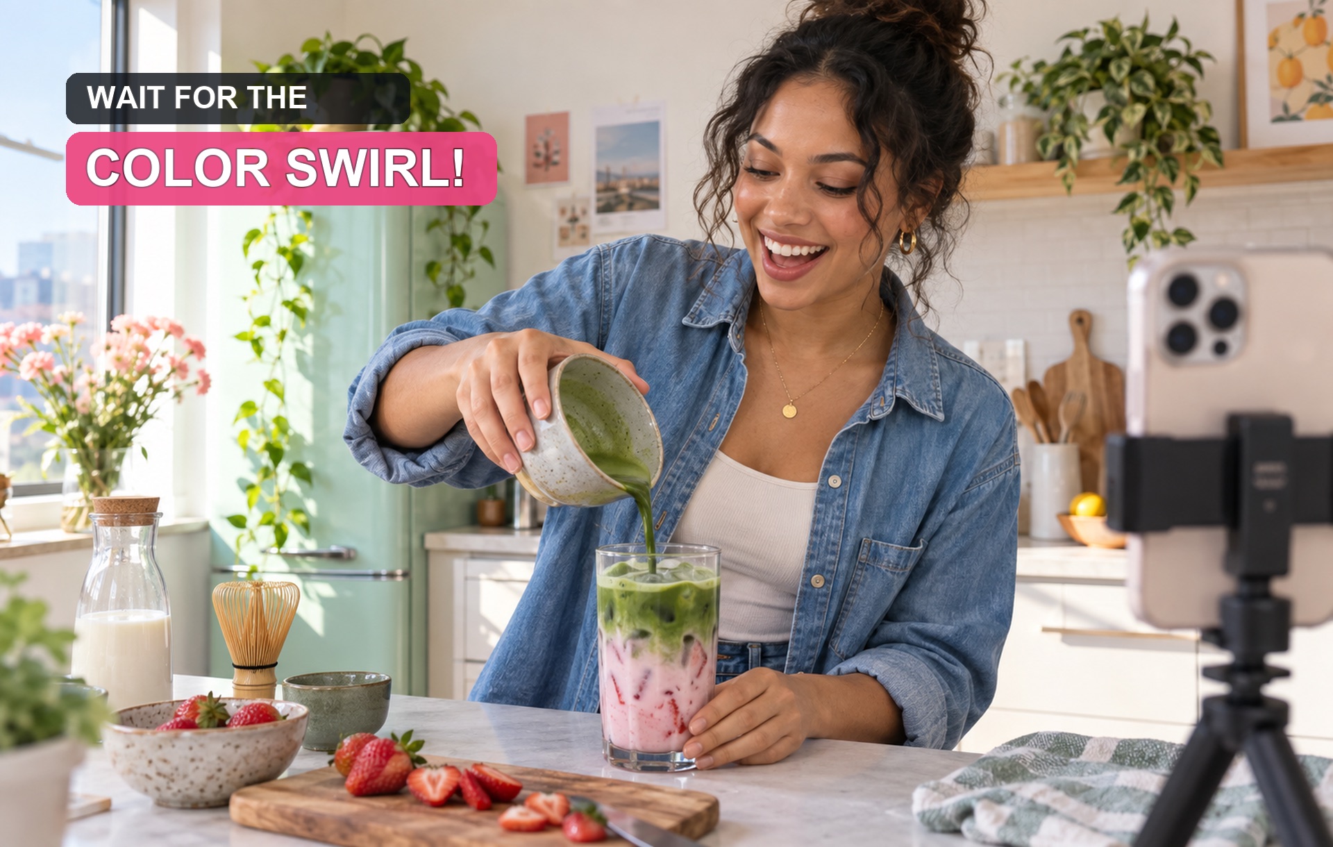 A woman pours a green drink with a sticker title reading 'Wait for the color swirl!' in the corner.
