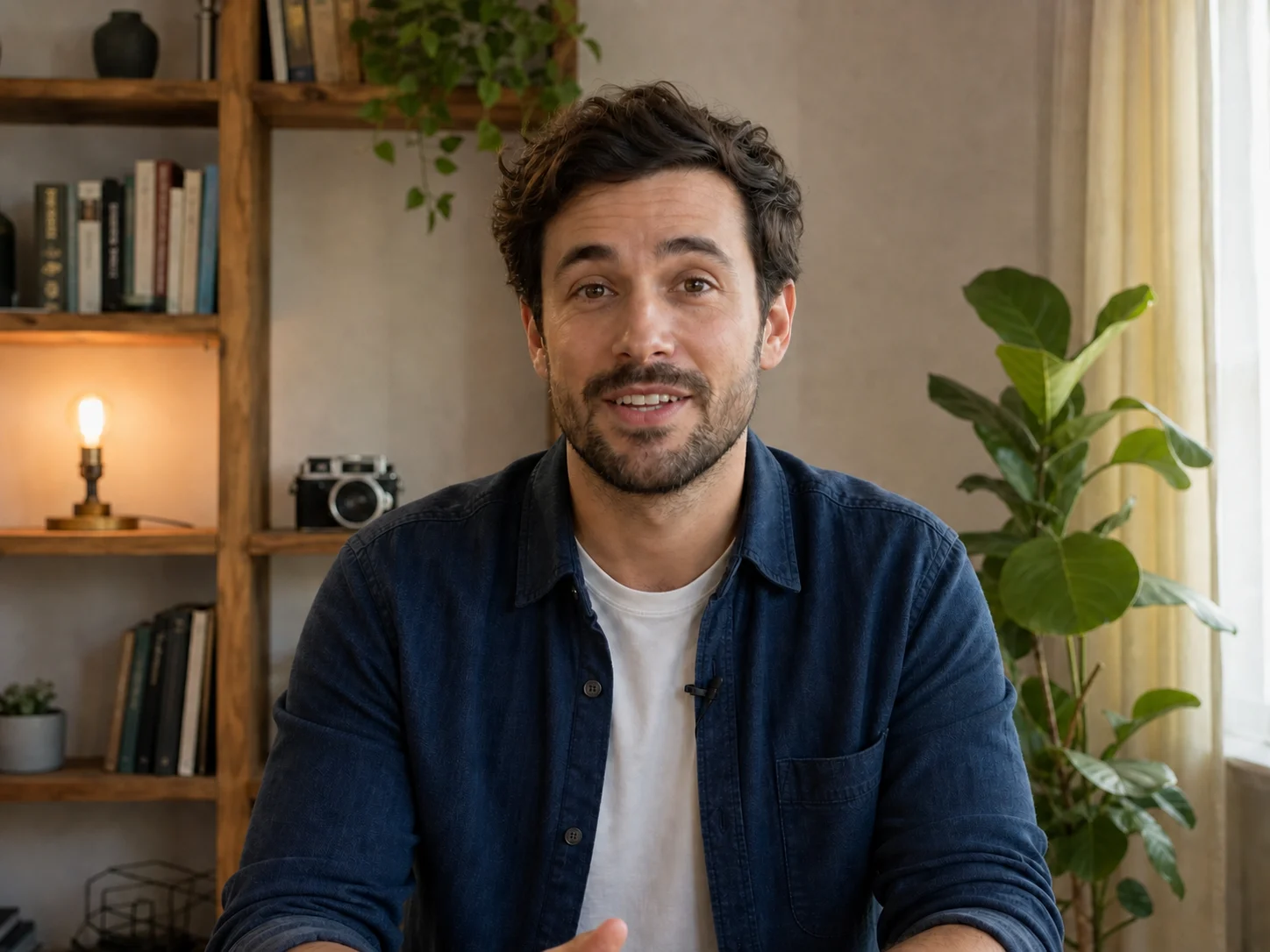 A man speaking to camera in a room with bookshelves.