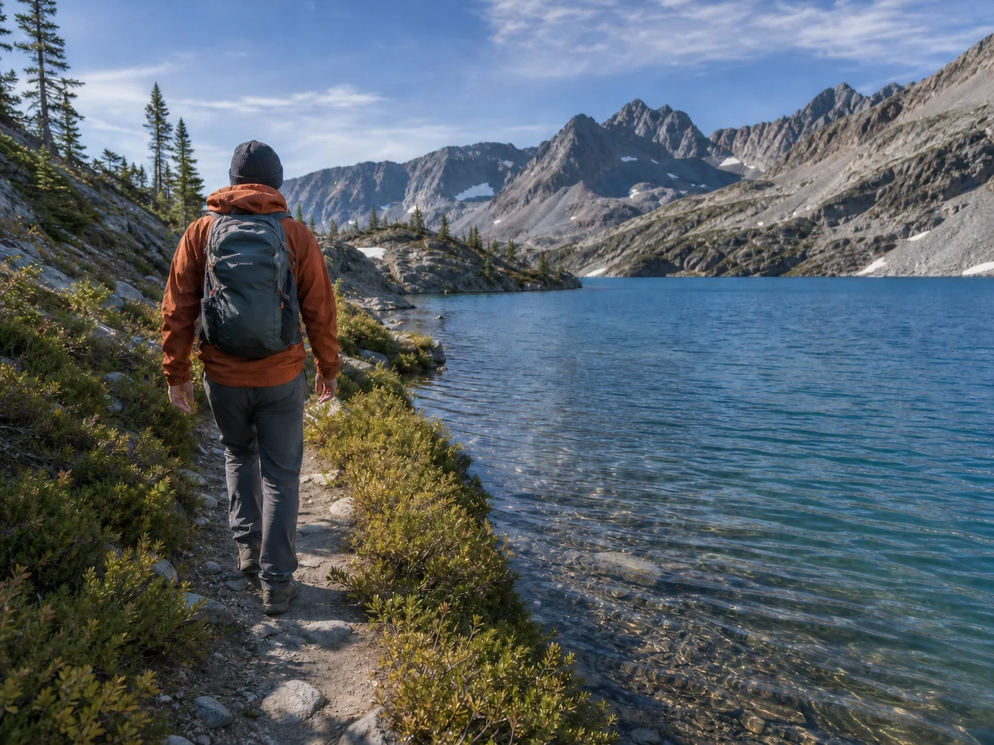 A hiker walking along a mountain lake path.