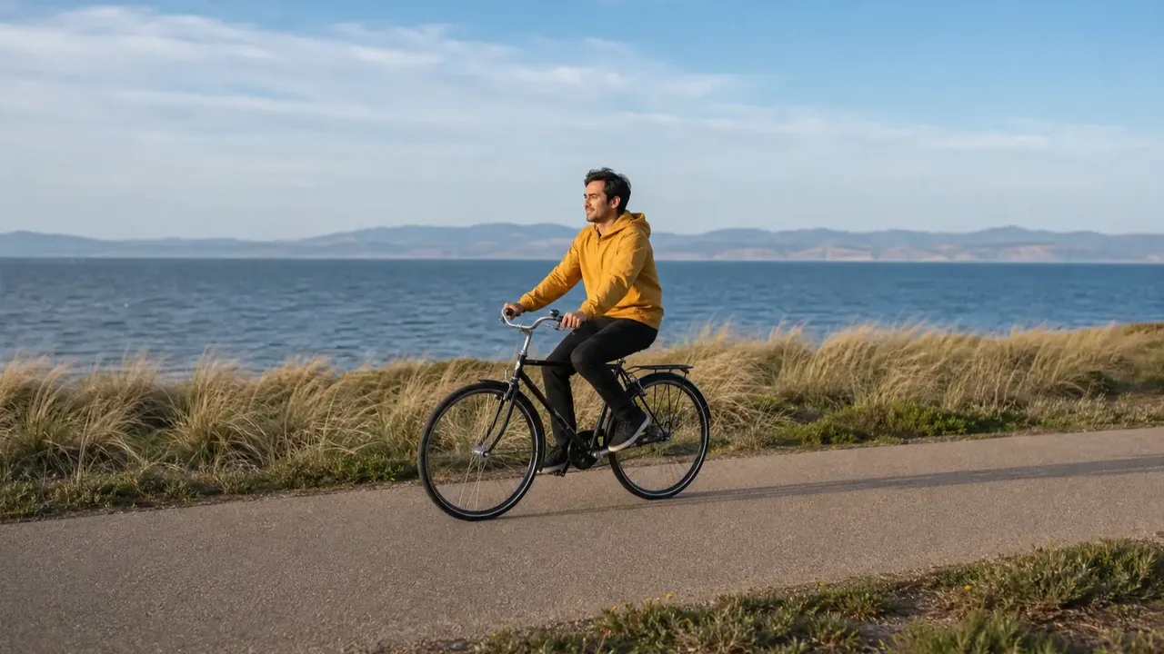 A cyclist in an orange jacket rides along a path beside the sea.