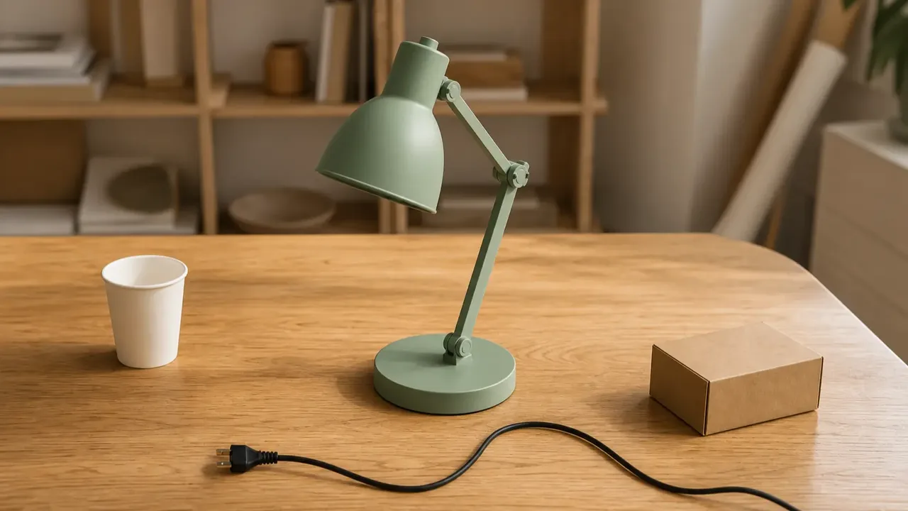 A desk lamp with a paper cup, a cardboard box and a black cable around it.