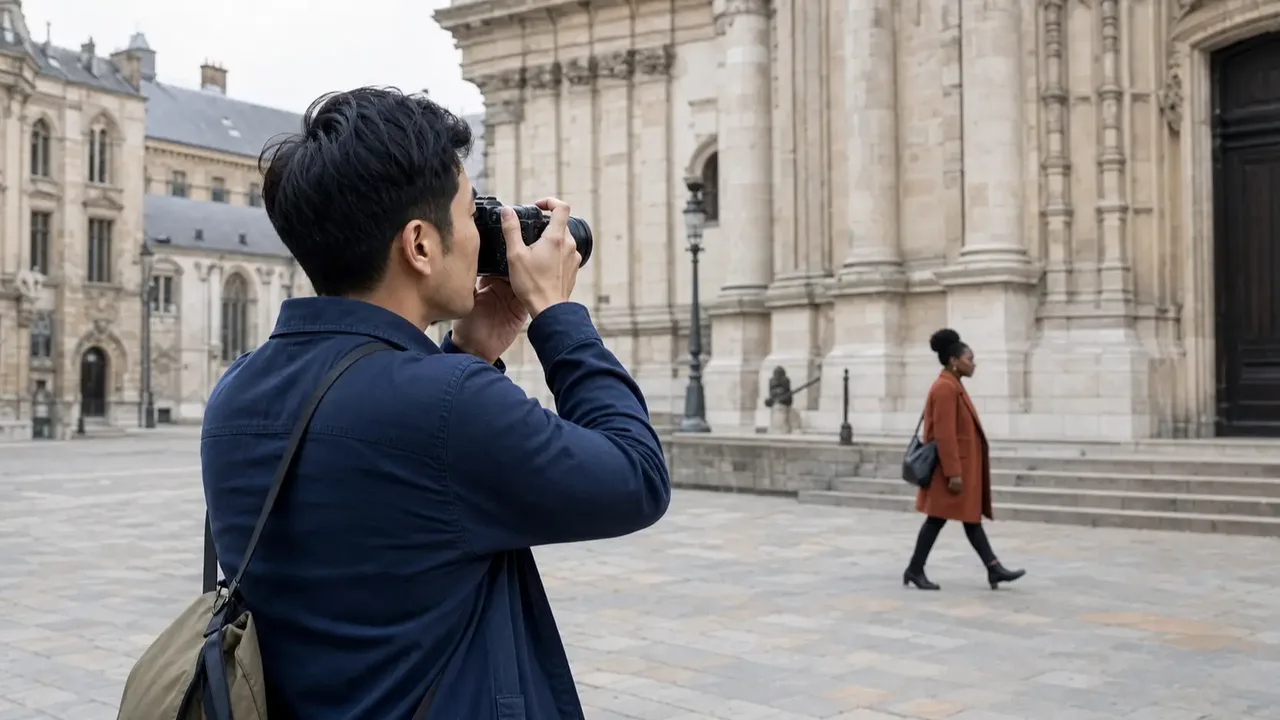 A man photographs a stone building while a woman in a red coat walks behind him.