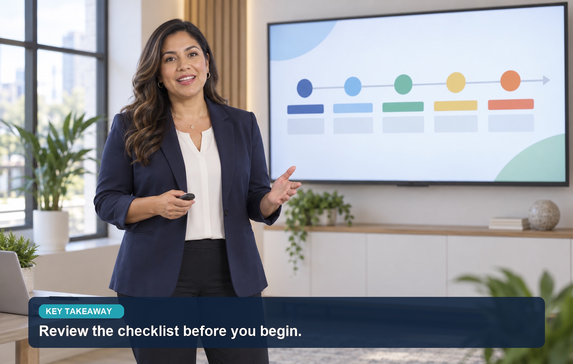 A presenter in front of a screen with a caption bar reading 'Review the checklist before you begin.'