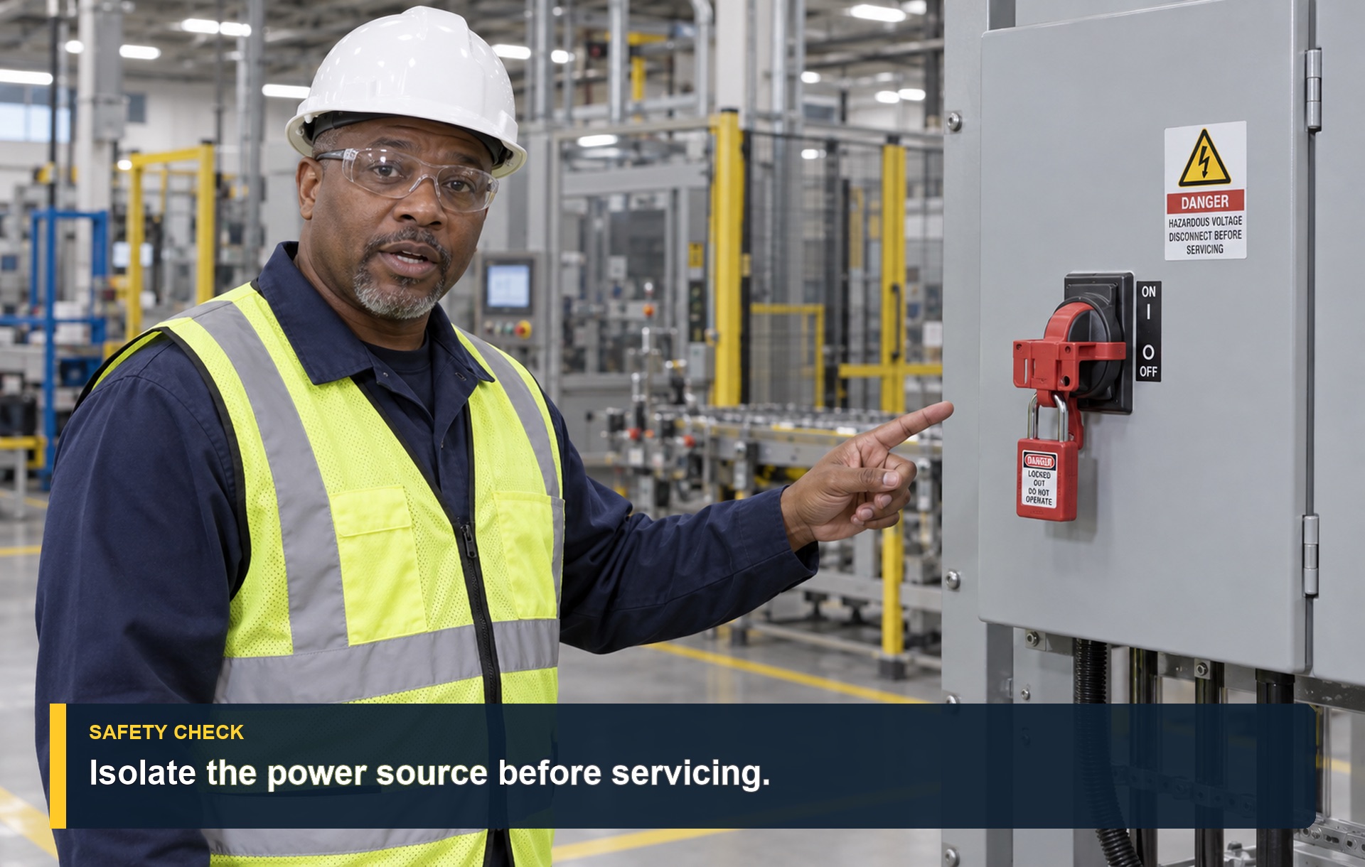 Training video with a caption bar and a label chip