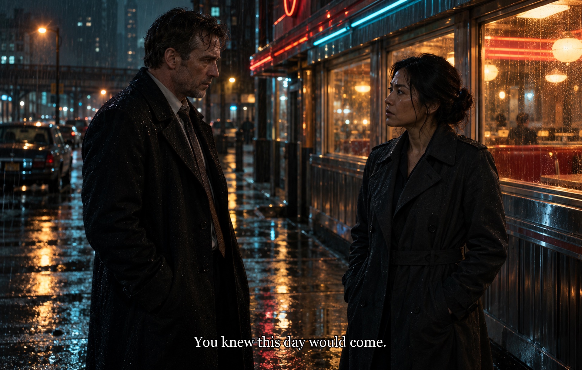 Night street scene with a subtitle at the bottom