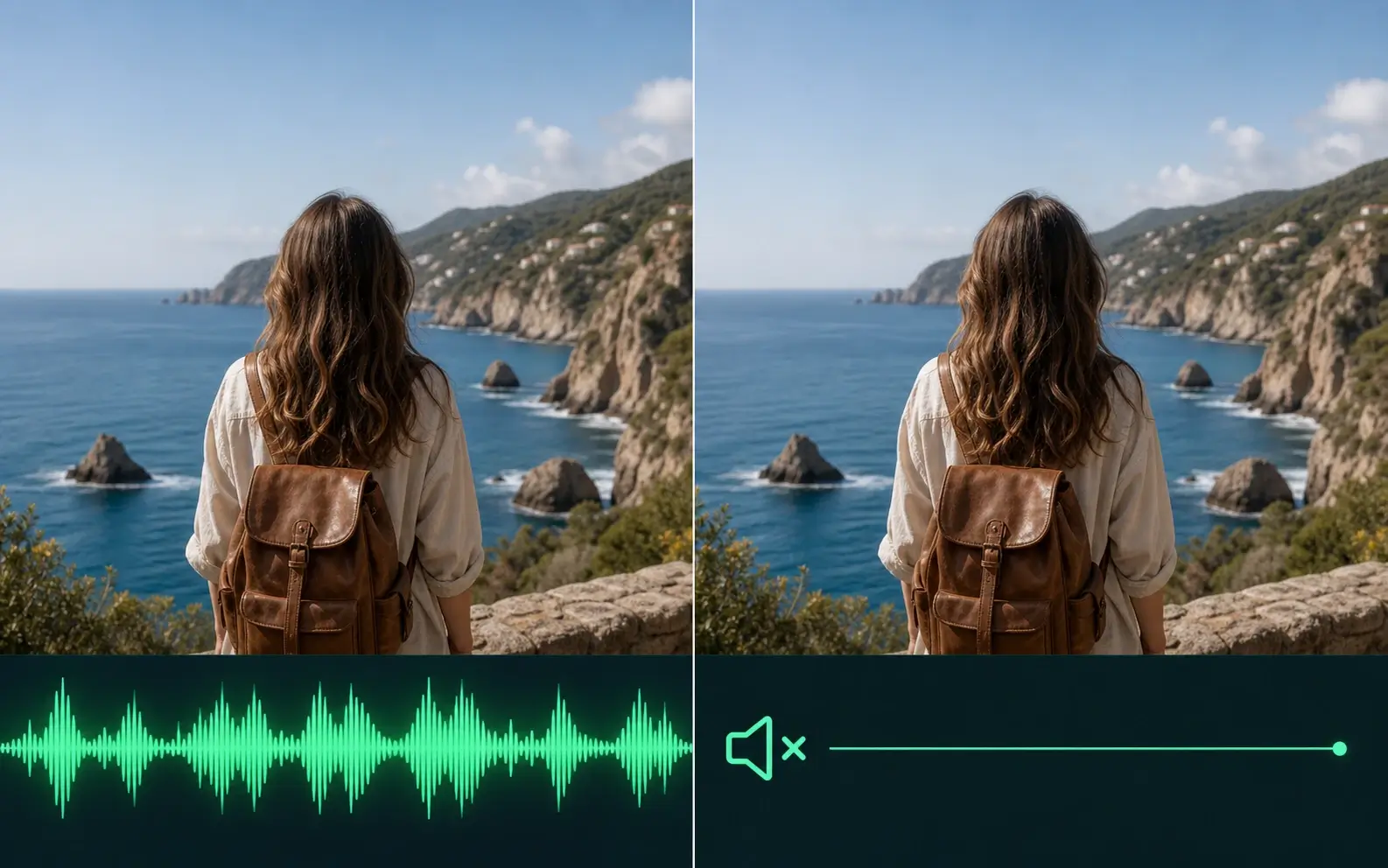 Coastal view with a sound wave before and a muted track after