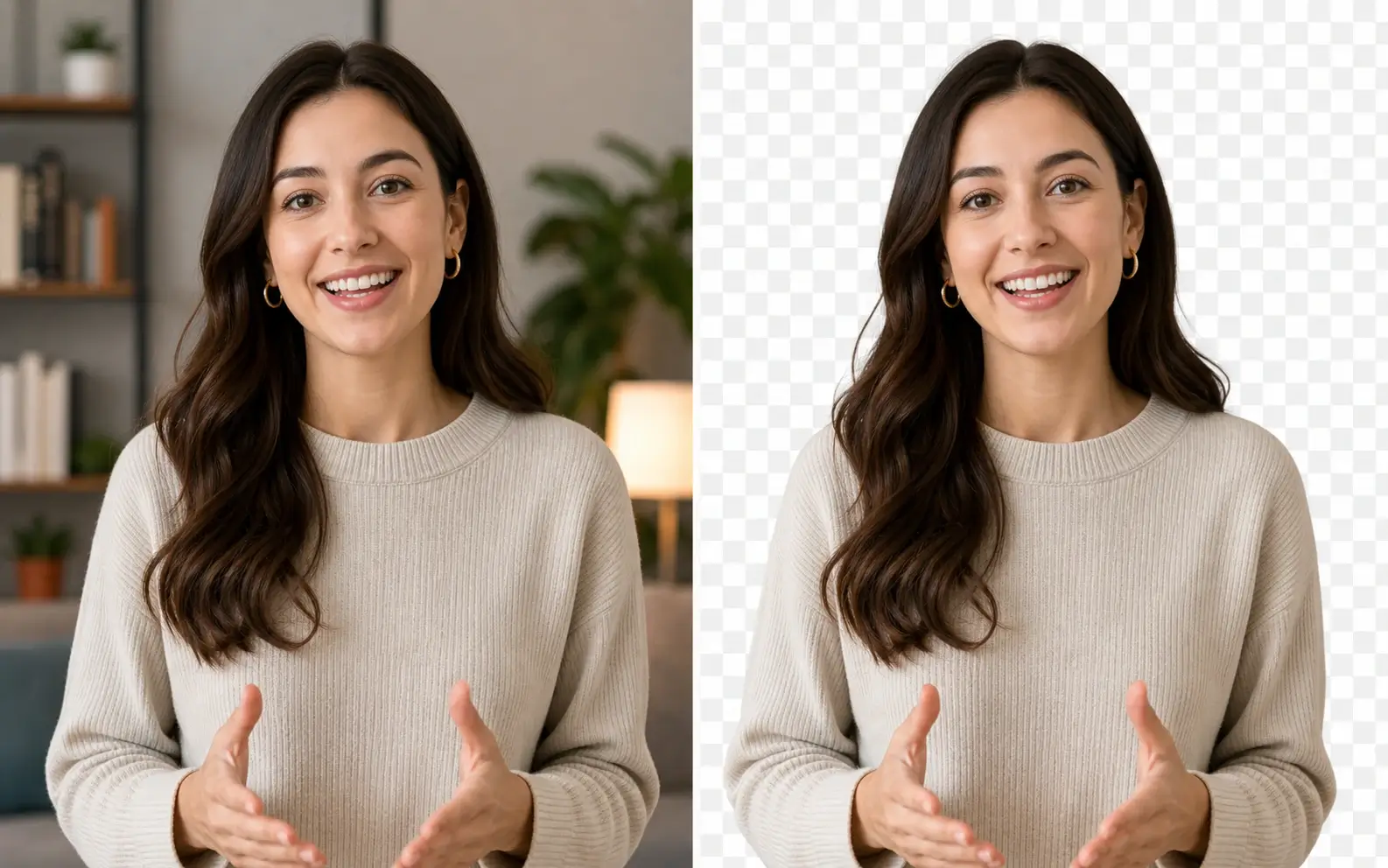 Woman before and after her background is removed