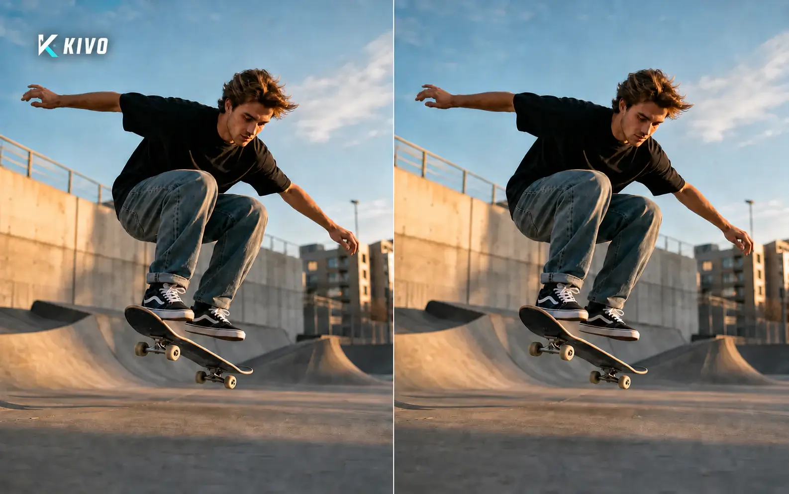 Skateboarder before and after a logo is removed from the top corner