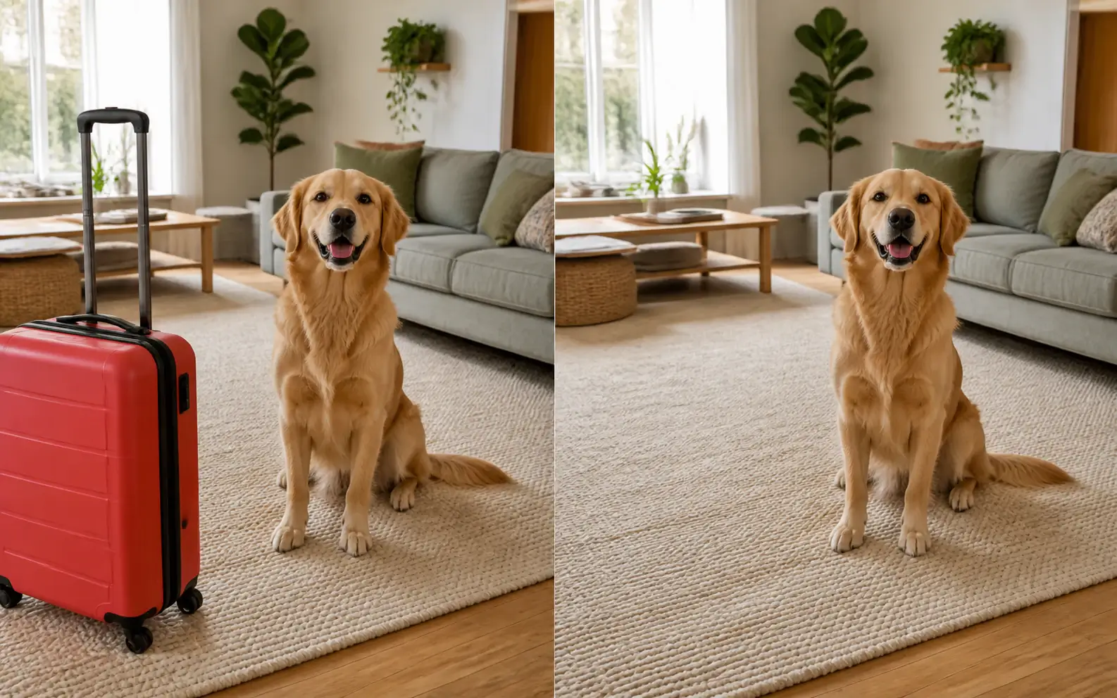 Living room before and after a red suitcase is removed