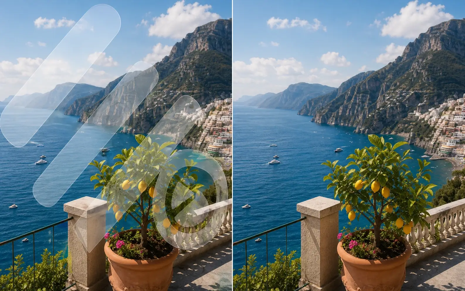 Coast view before and after a see-through watermark is removed
