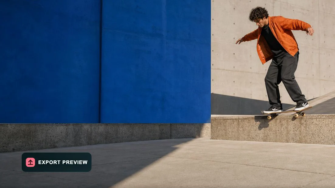 A skateboarder on a concrete ledge with a dark Export Preview badge in the lower left.