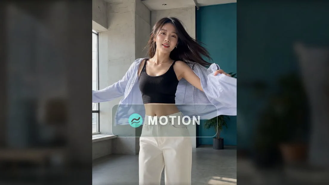 A woman dancing in a room with a see-through MOTION label across her waist.